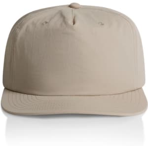 A beige cap with a curved brim and a top button, featuring a logo on the front.