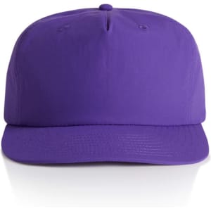 A purple cap featuring a structured front panel and a curved brim, with a logo on the side.