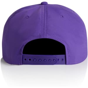 A purple cap featuring a snapback closure and a logo on the back.
