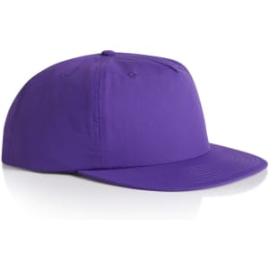 A purple cap with a flat brim and five panels, featuring a logo on the front.
