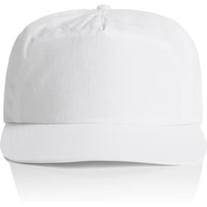 A white cap with a flat brim and a logo on the front. The design is simple and clean.