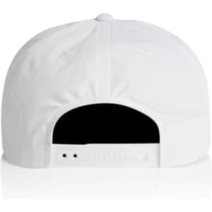 A white cap with a flat brim and adjustable strap at the back, featuring a logo.