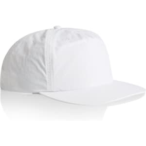 A white Surf Cap featuring a structured design and a curved brim, with a small logo on the side.