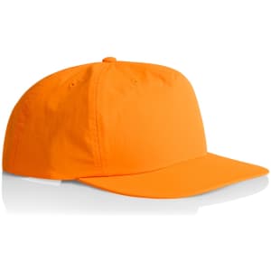 An orange cap with a rounded crown and a curved brim. It features a logo on the front.