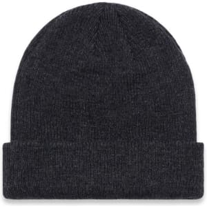 A dark grey knit beanie with a folded cuff, featuring a logo.
