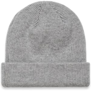 A grey knit beanie with a folded cuff and textured ribbing. It features a small logo.
