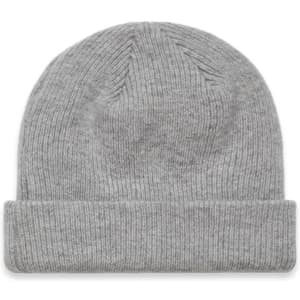 A knitted beanie in light grey with a folded cuff, featuring a logo.