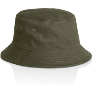 A green bucket hat with a wide brim and ventilation holes, featuring a simple design and a logo.