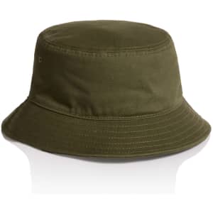 A green bucket hat with a wide brim, featuring an eyelet for ventilation and a simple design.
