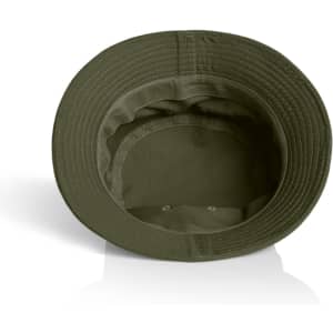 An olive green bucket hat with a wide brim and an inner lining, featuring a logo inside.
