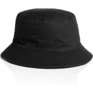 A black bucket hat featuring a sturdy brim and a simple design, with a logo on the side.