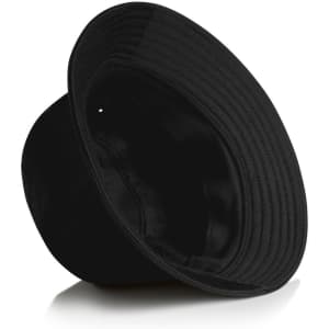 A black bucket hat featuring a wide brim and an interior lining. The hat has a logo on the inside.