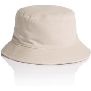 A beige bucket hat with a wide brim and a simple design. It features a label on the side.
