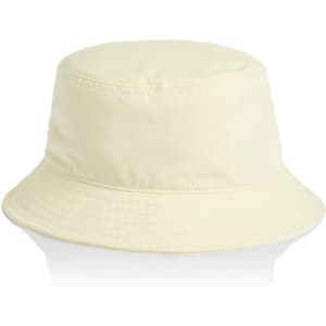 A yellow bucket hat with a wide brim and a simple, unembellished design. It features a logo on the side.