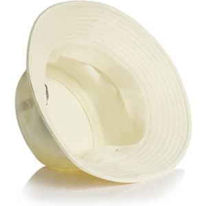 A cream bucket hat featuring a wide brim and an interior lining, with a small logo on the side.