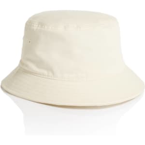 A cream bucket hat with a wide brim and a simple design. It features a logo on the side.