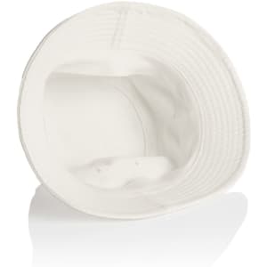 A white bucket hat featuring a wide brim and an inner lining, with ventilation holes and a logo.