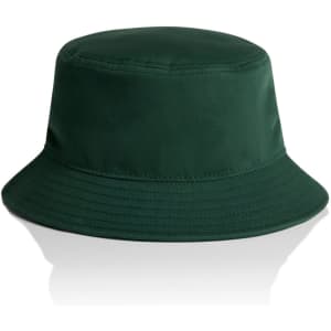 A green bucket hat with a wide brim, featuring a simple design and a logo.