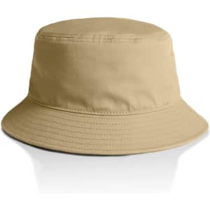 A khaki bucket hat with a wide brim and a simple design, featuring a logo on the side.