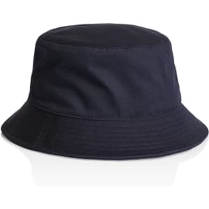 A navy bucket hat with a wide brim and a plain design, featuring a logo on the side.
