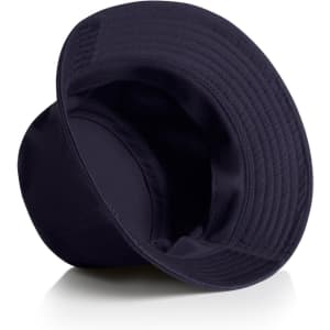 A navy bucket hat with a wide brim and an inner lining, featuring a logo inside.