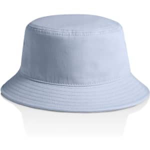 A light blue bucket hat with a wide brim and a simple design, featuring a logo on the side.