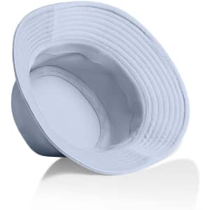 A blue bucket hat with a wide brim and a soft inner lining. It features a logo on the exterior.