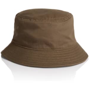 A brown bucket hat with a wide brim and a simple design. It features a small logo.