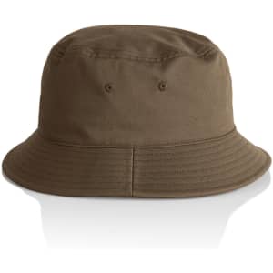 A brown bucket hat with a wide brim, featuring two ventilation holes on the sides. It has a simple design.