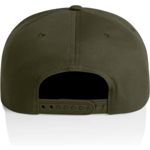 A dark green cap with a rear adjustment strap and a logo, featuring a smooth fabric texture.