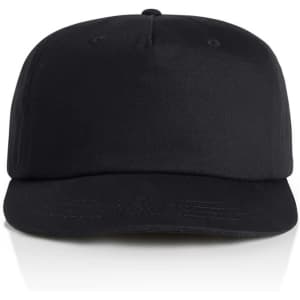 A black cap featuring a structured design and a logo on the front. Suitable for casual wear.