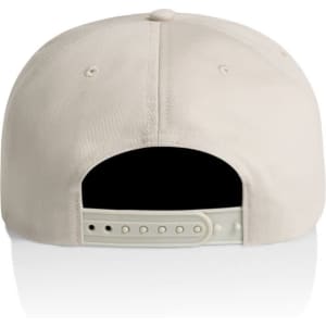 A beige cotton cap with a snapback closure and a logo on the back.