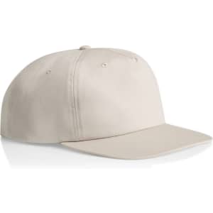 A beige cap featuring a curved brim and a logo on the front, designed for casual wear.