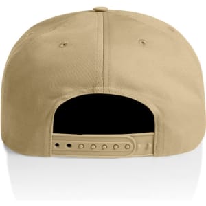 A beige cotton cap with a flat brim and an adjustable strap at the back, featuring a logo.