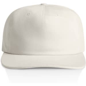 A plain white cotton cap with a curved brim and an adjustable strap at the back. Features a logo on the front.