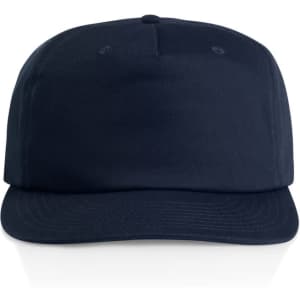 A navy cotton cap with a flat brim and an adjustable strap at the back, featuring a logo.