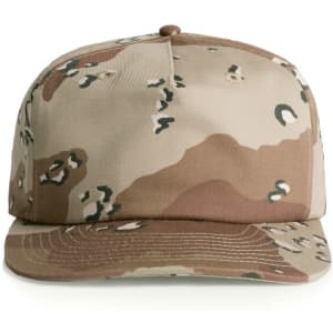 A camo cap featuring a tan and brown pattern with a structured design and a logo on the front.