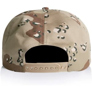 A cotton cap in a camouflage pattern with shades of beige and brown, featuring a logo on the back.