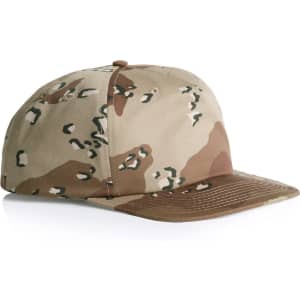 A camo cap featuring shades of brown, beige, and green, with a structured fit and a logo on the front.