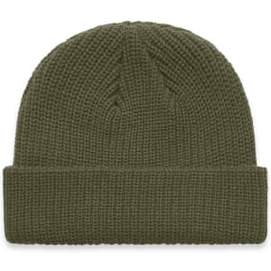 A green knitted beanie with a folded cuff and a textured pattern, featuring a logo on the side.
