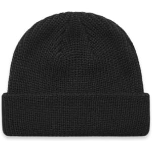 A black beanie with a textured knit design and a folded cuff. It features a small logo.