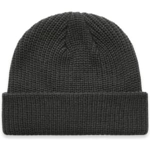 A textured black beanie with a folded cuff, featuring a logo. Ideal for headwear collection.