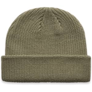 An olive green knitted beanie with a folded cuff and a textured design, featuring a small logo.