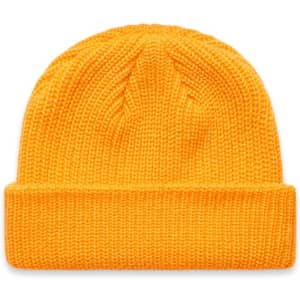 A vibrant yellow knitted beanie with a cuffed design and a textured pattern. It features a logo.