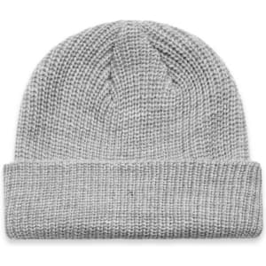 A grey beanie with a folded brim, featuring a textured knit design and a logo.
