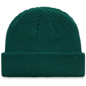 A green knitted beanie with a folded cuff and textured detailing. It features a small logo.