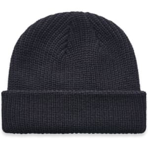 A black Cable Beanie made of textured fabric, featuring a foldable cuff and a logo.