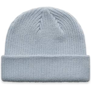 A light blue beanie with a foldable cuff and a textured knit design. Includes a logo.