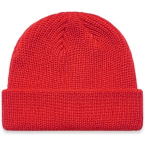 A bright red beanie with a ribbed texture and folded cuff. It features a logo on one side.