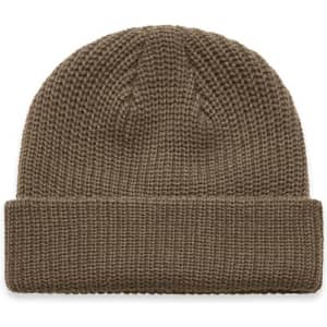 A brown knit beanie featuring a textured pattern and a rolled cuff. It includes a logo on the side.